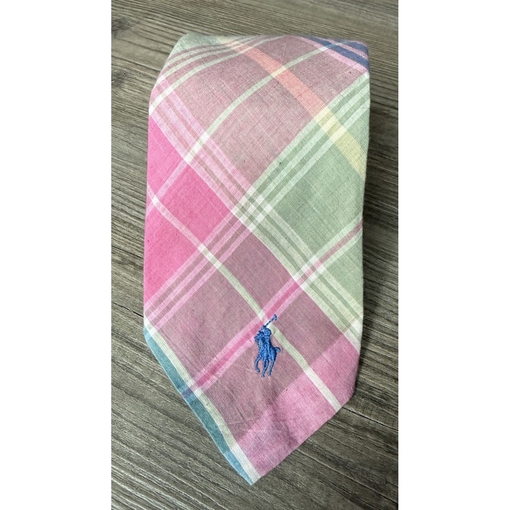 Vintage Polo Ralph Lauren Madras Plaid Necktie Pastel Preppy Ivy Style